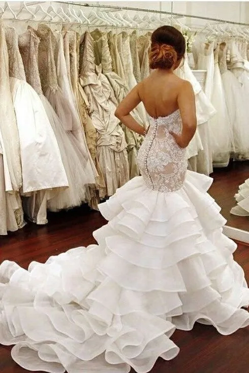 Backless Lace Strapless Bridal Dresses Mermaid Ruffled Train