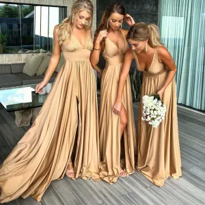 Backless Long Beach V-Neck Gold Bridesmaid Dresses Slit Side