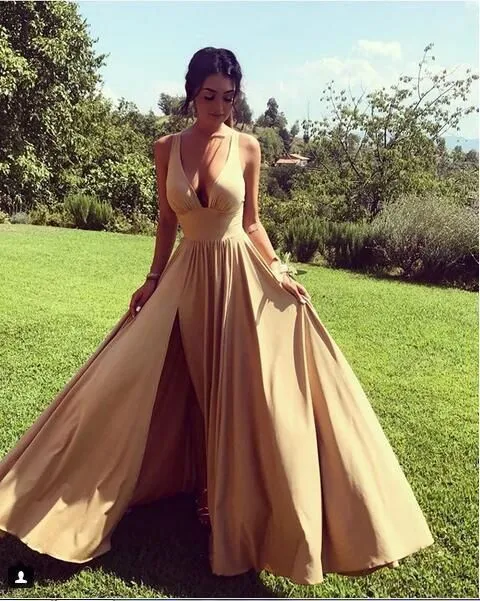 Backless Long Beach V-Neck Gold Bridesmaid Dresses Slit Side