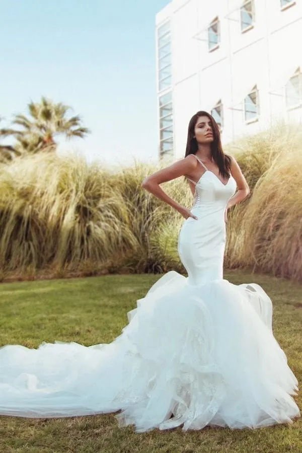Backless Mermaid Wedding Gown Dress with Lace Cathedral Tulle Train
