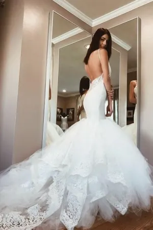 Backless Mermaid Wedding Gown Dress with Lace Cathedral Tulle Train