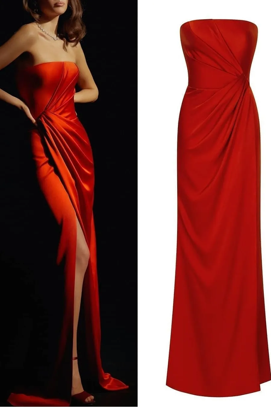 Backless Red Long Prom Gowns with Strapless Bodice