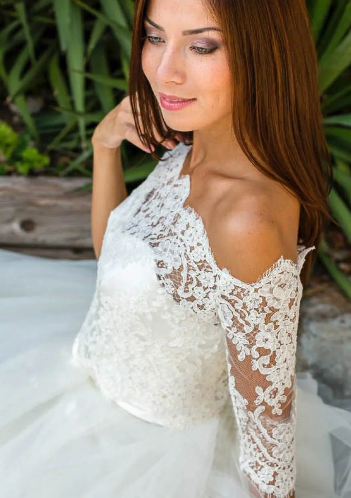 Ball Gown Off Shoulder Ankle Length Lace Tulle Wedding Dress, Pleats