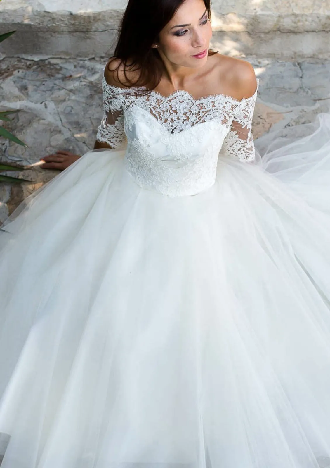 Ball Gown Off Shoulder Ankle Length Lace Tulle Wedding Dress, Pleats