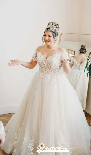 Ball Gown Off Shoulder Sleeve Lace Plus Size Wedding Dress