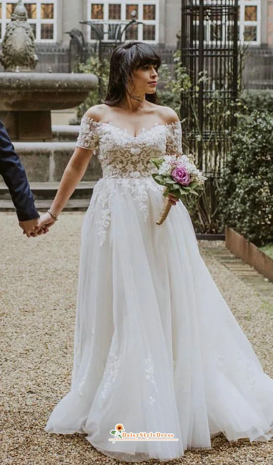 Ball Gown Off Shoulder Sleeve Lace Plus Size Wedding Dress