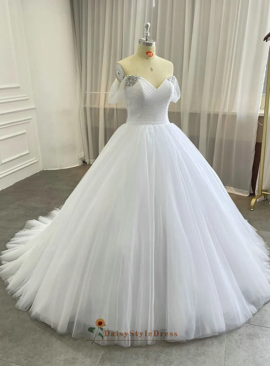 Ball Gown Off Shoulder Sleeve White Tulle Wedding Dress