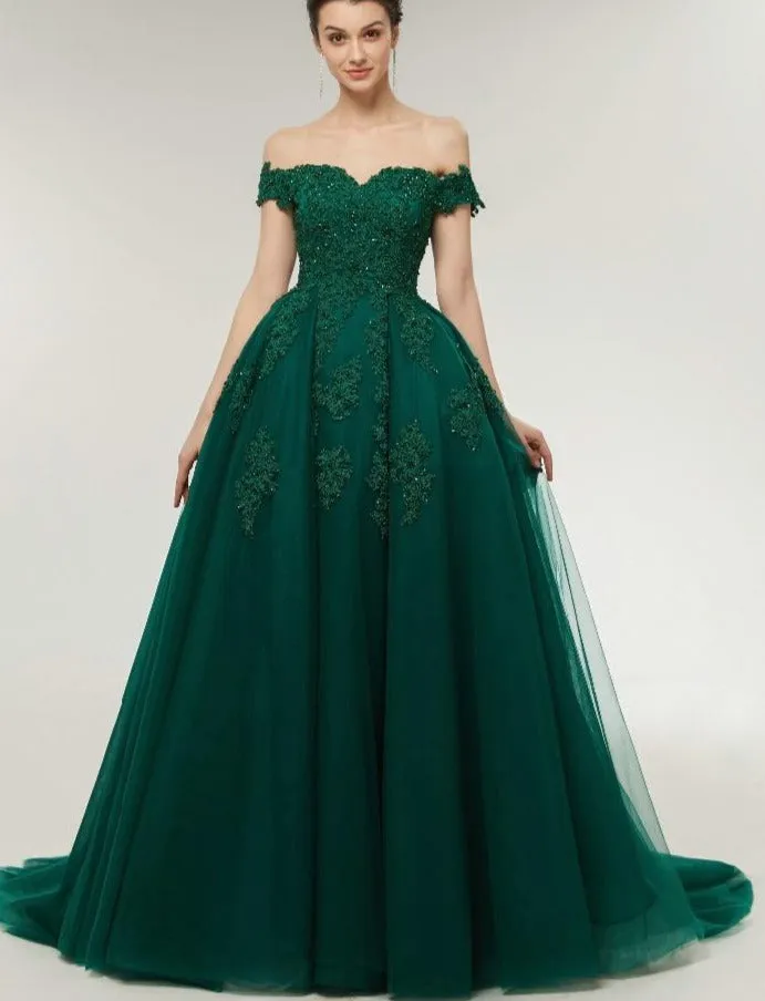 Ball Gown Off Shoulder Sleeves Dark Green Prom Dress