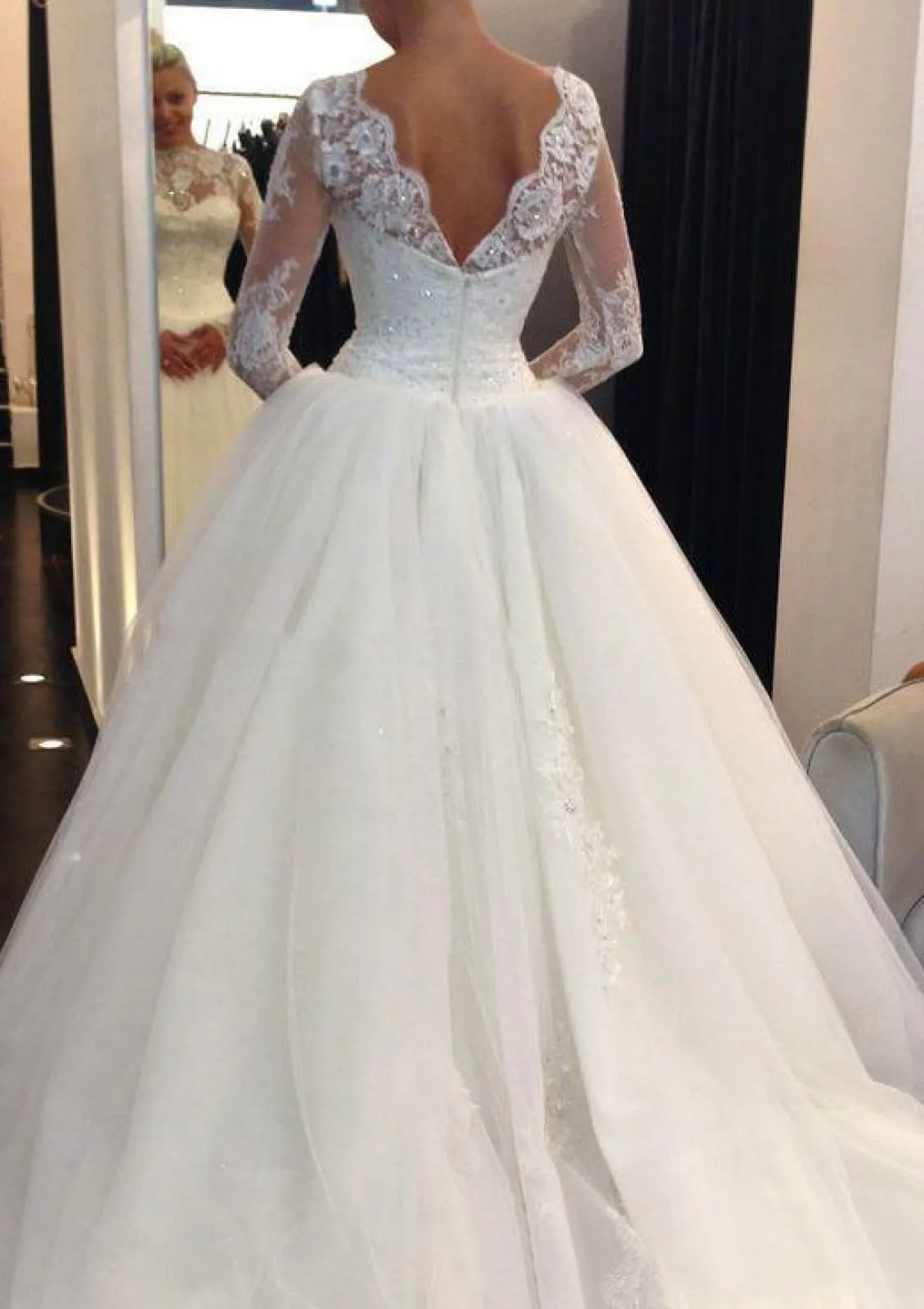 Ball Gown Scalloped Lace Long Sleeve Court Tulle Royal Wedding Dress