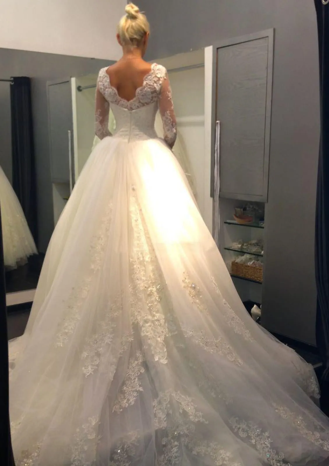Ball Gown Scalloped Lace Long Sleeve Court Tulle Royal Wedding Dress