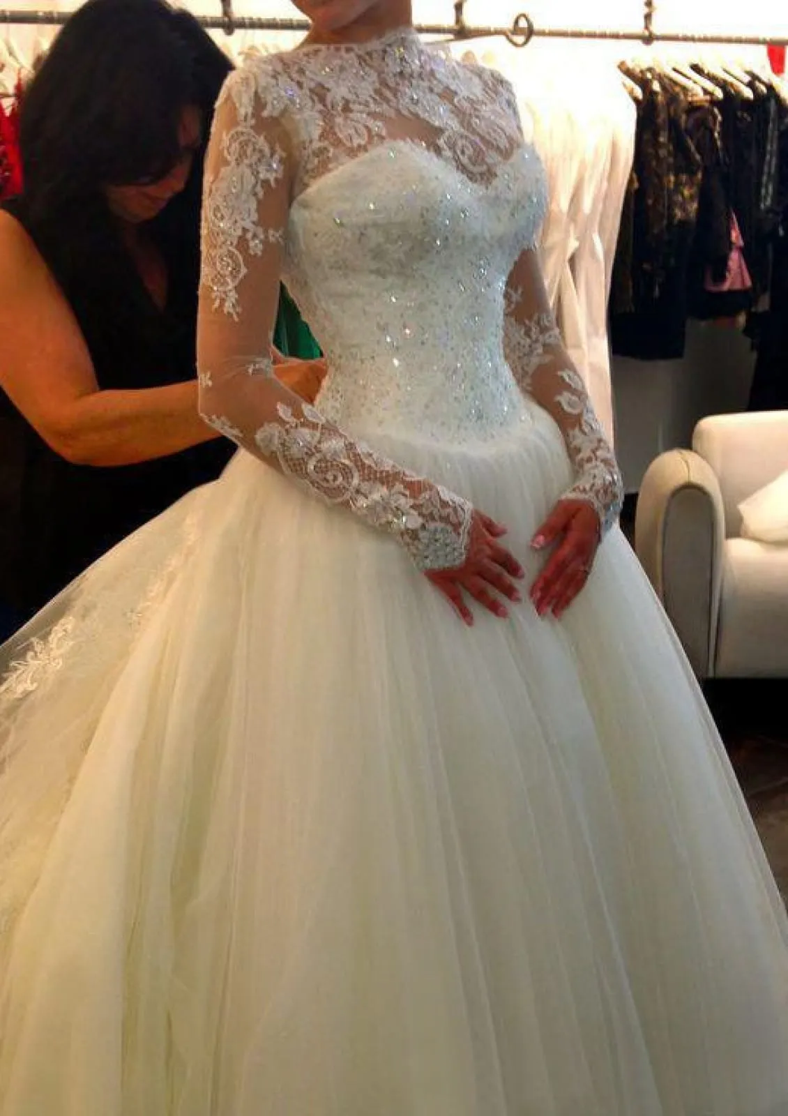 Ball Gown Scalloped Lace Long Sleeve Court Tulle Royal Wedding Dress