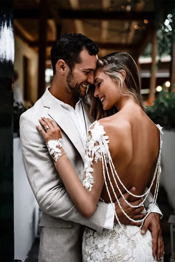 Bateau Unique Lace Wedding Dresses Mermaid long Sleeves Open Back Gowns,MW454