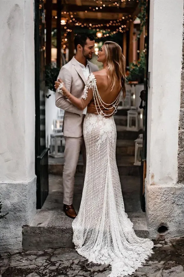 Bateau Unique Lace Wedding Dresses Mermaid long Sleeves Open Back Gowns,MW454