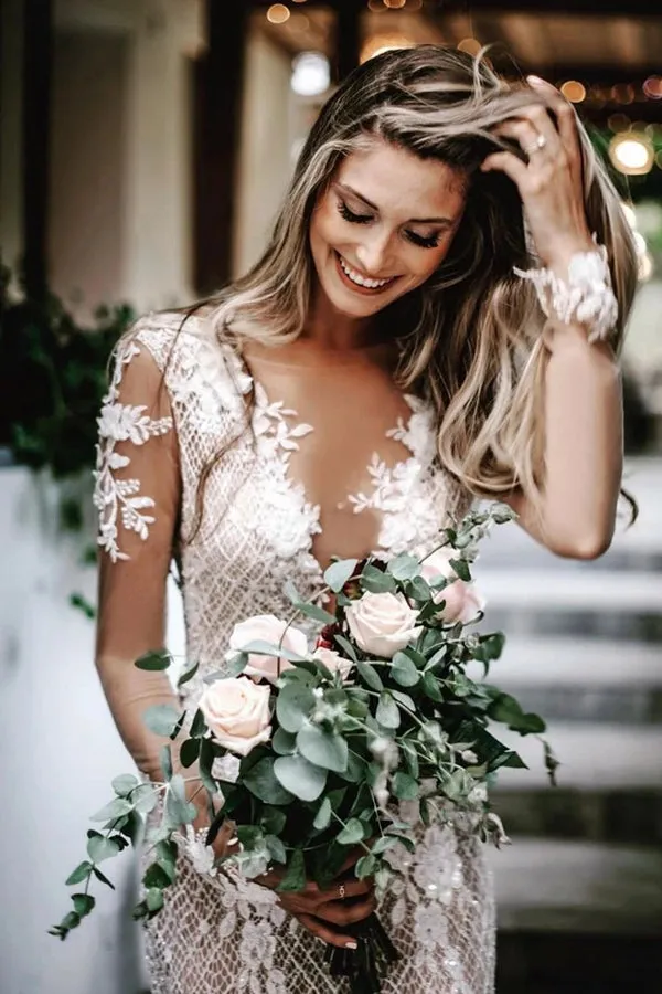 Bateau Unique Lace Wedding Dresses Mermaid long Sleeves Open Back Gowns,MW454