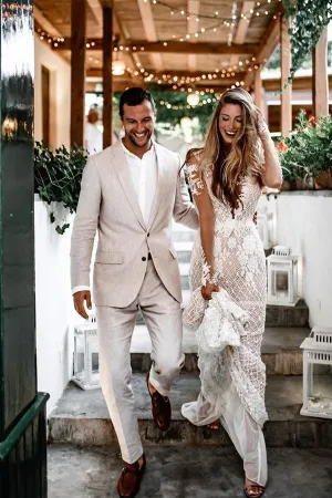 Bateau Unique Lace Wedding Dresses Mermaid long Sleeves Open Back Gowns,MW454