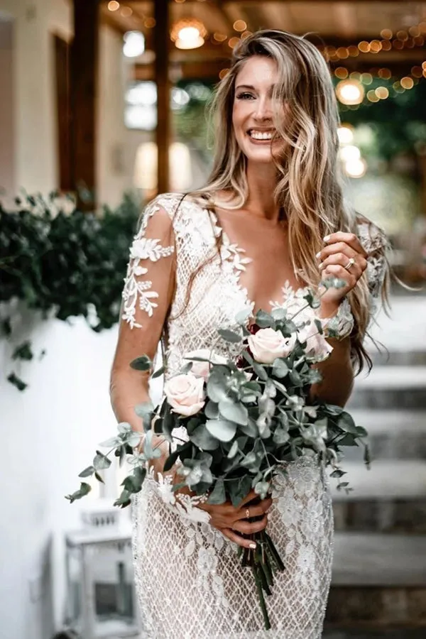 Bateau Unique Lace Wedding Dresses Mermaid long Sleeves Open Back Gowns,MW454