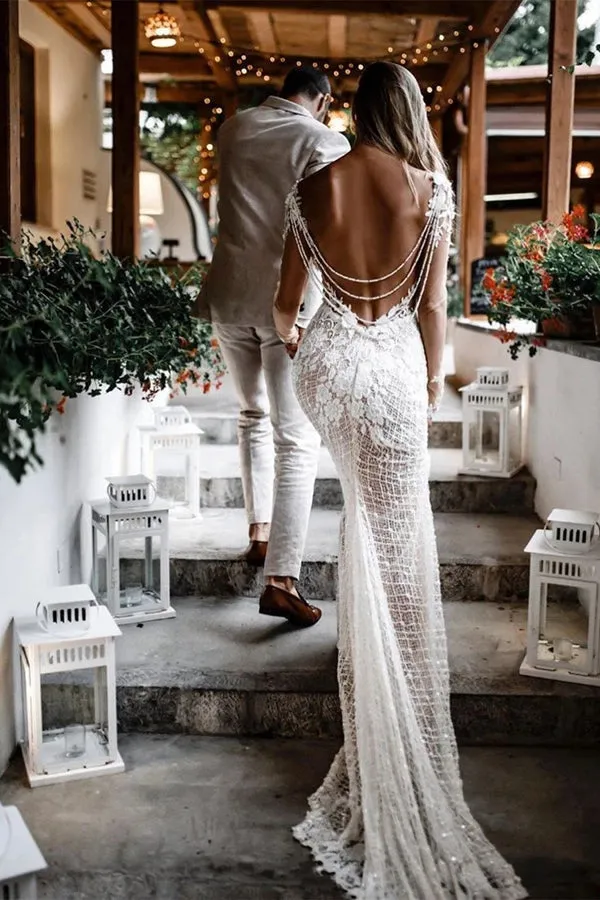 Bateau Unique Lace Wedding Dresses Mermaid long Sleeves Open Back Gowns,MW454