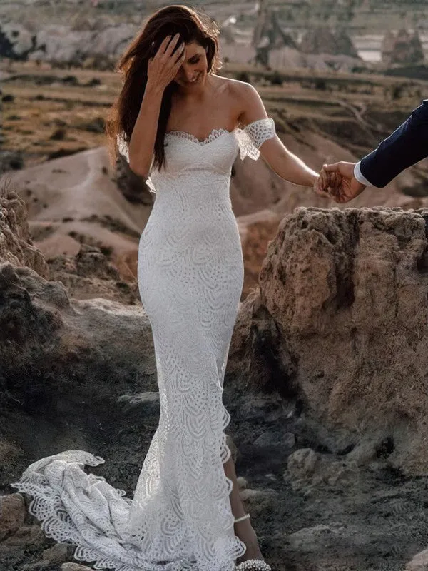 Beach Boho Lace Mermaid Backless Sleeveless White Wedding Gowns