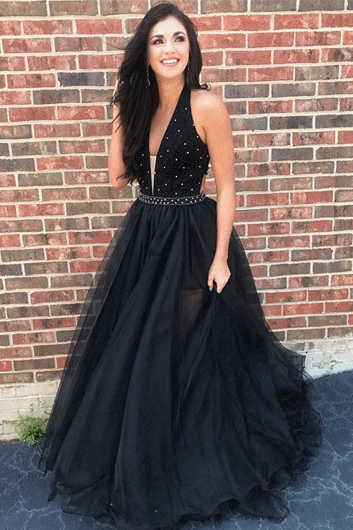 Beaded Black Tulle Prom Gown with Plunging Halter Neckline