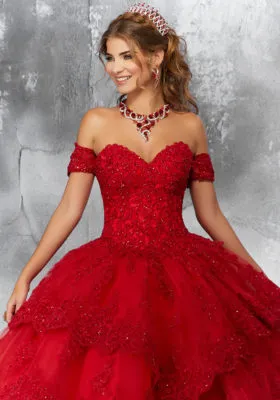 Beaded Lace Appliqués on a Lace-Edged, Tiered Tulle Ballgown with Detachable Sleeves