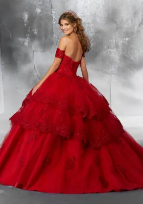 Beaded Lace Appliqués on a Lace-Edged, Tiered Tulle Ballgown with Detachable Sleeves