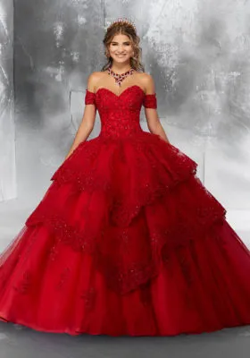 Beaded Lace Appliqués on a Lace-Edged, Tiered Tulle Ballgown with Detachable Sleeves