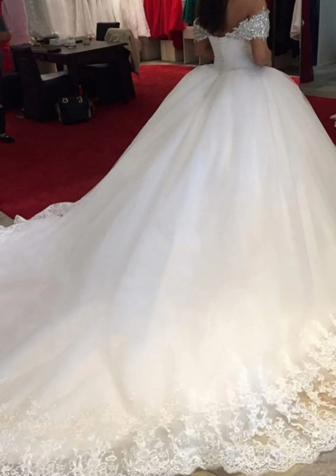 Beaded Off Shoulder Sweetheart Tulle Ball Gown Cathedral Bridal Dress