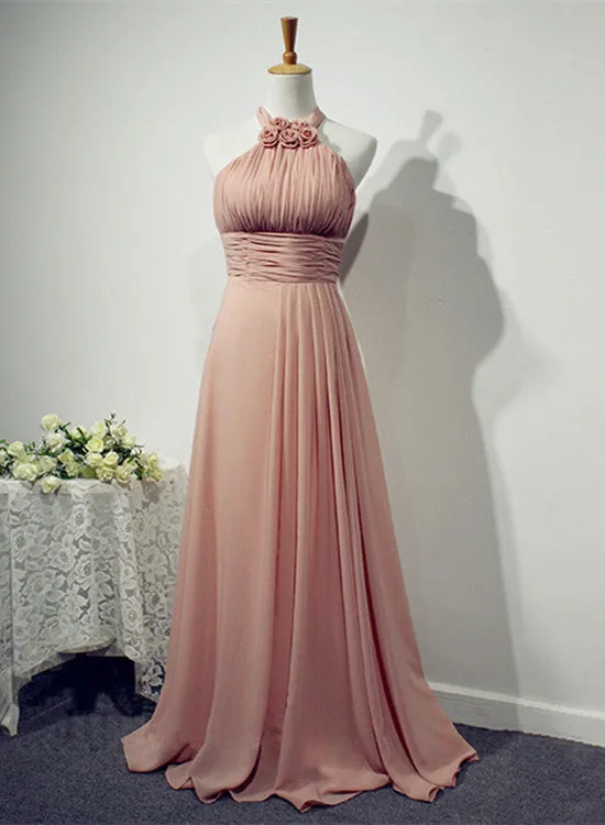 Beautiful Pink Halter Chiffon Bridesmaid Dress, Long Wedding Party Dresses