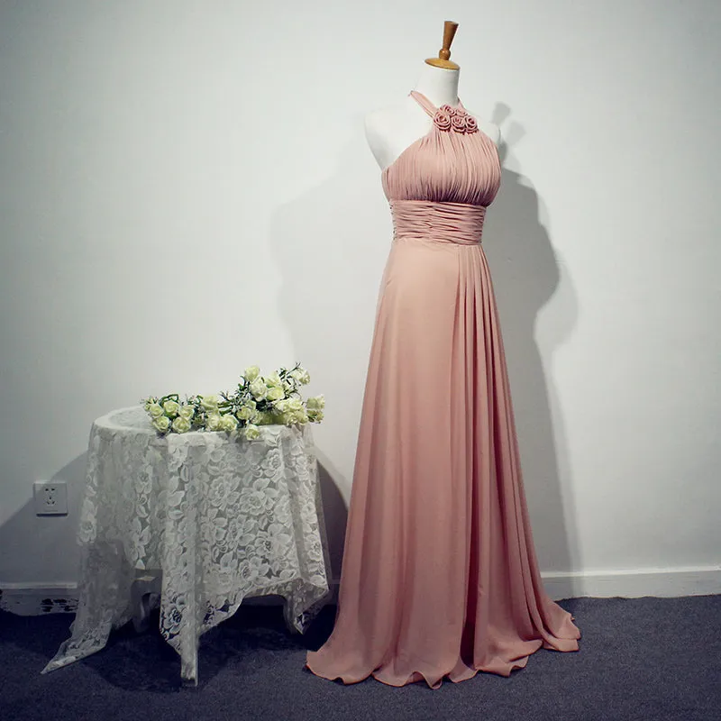 Beautiful Pink Halter Chiffon Bridesmaid Dress, Long Wedding Party Dresses