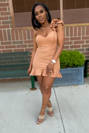 BEIGE RUFFLE SHOULDER DRESS