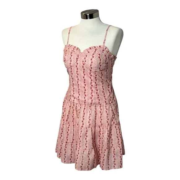 BETSEY JOHNSON PINK SWEETHEART NECKLINE SLEEVELESS FLORAL TIERED MINI DRESS