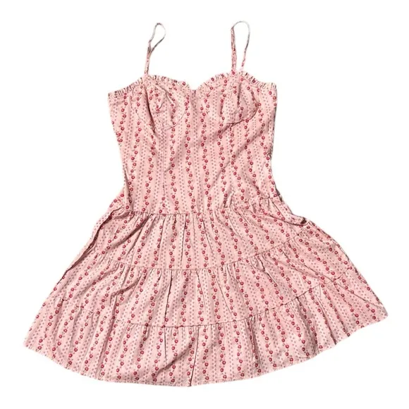 BETSEY JOHNSON PINK SWEETHEART NECKLINE SLEEVELESS FLORAL TIERED MINI DRESS