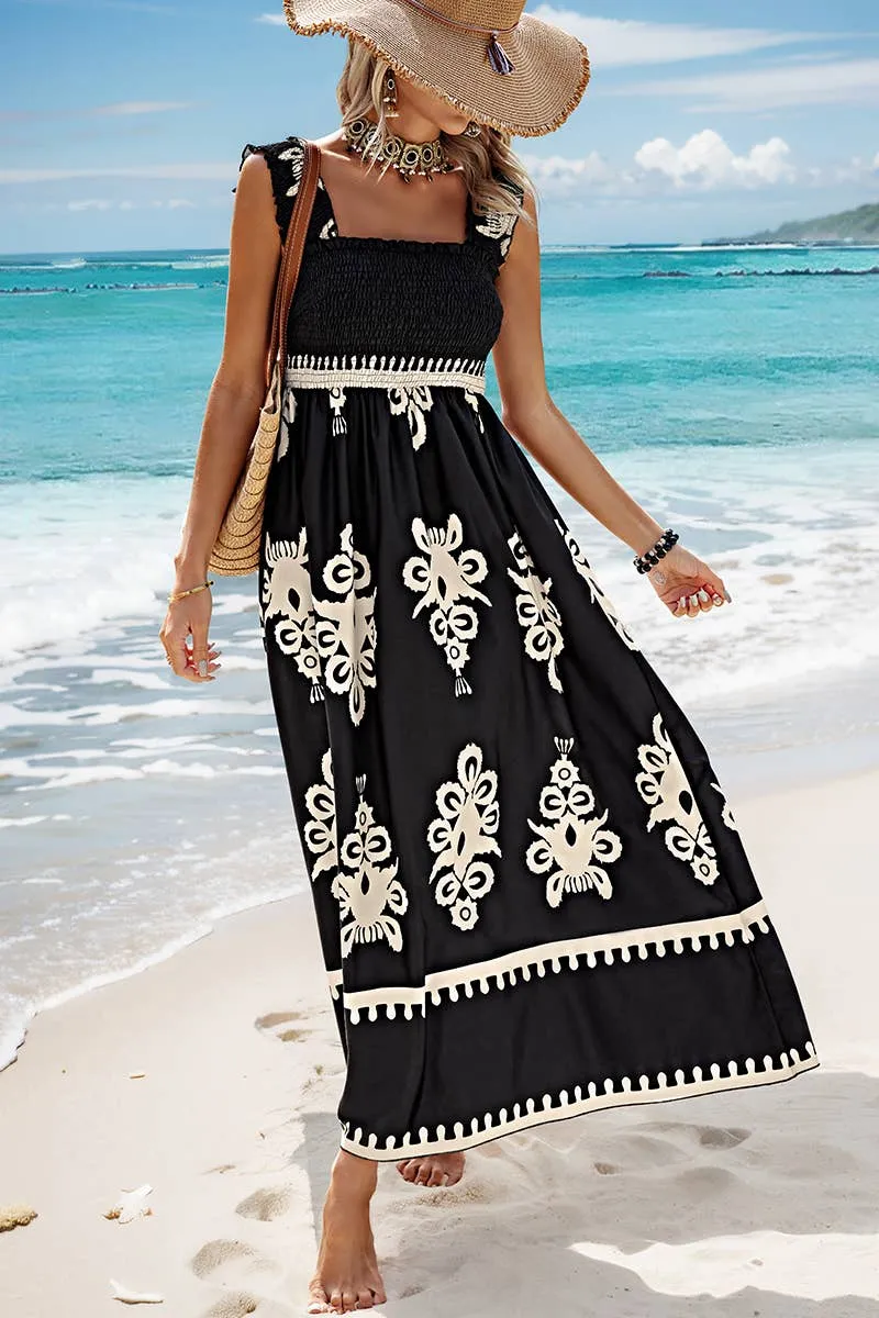 Blac Ruched Square Neck Sleeveless High Waist Dress