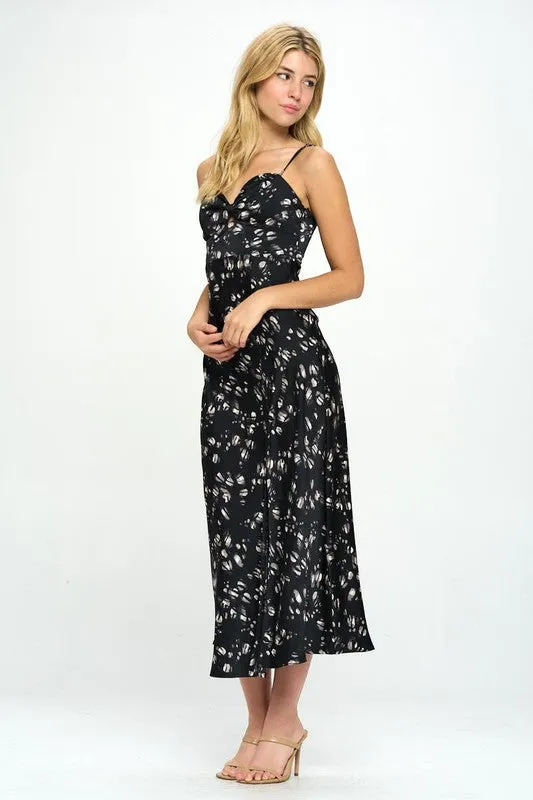 BLACK FLORAL PRINT SPAGHETTI STRAPS MAXI DRESS