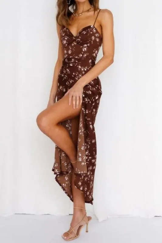 BLACK FLORAL PRINT SPAGHETTI STRAPS MAXI DRESS