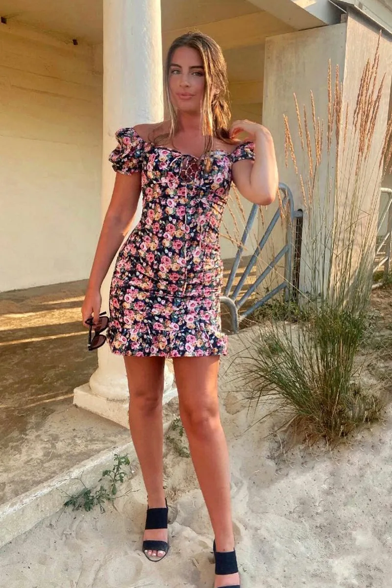 Black Floral Ruched Front Mini Dress - Caitlyn