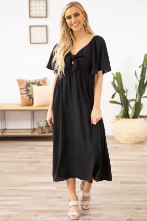 Black Flutter Sleeve Dress with Tie Detail