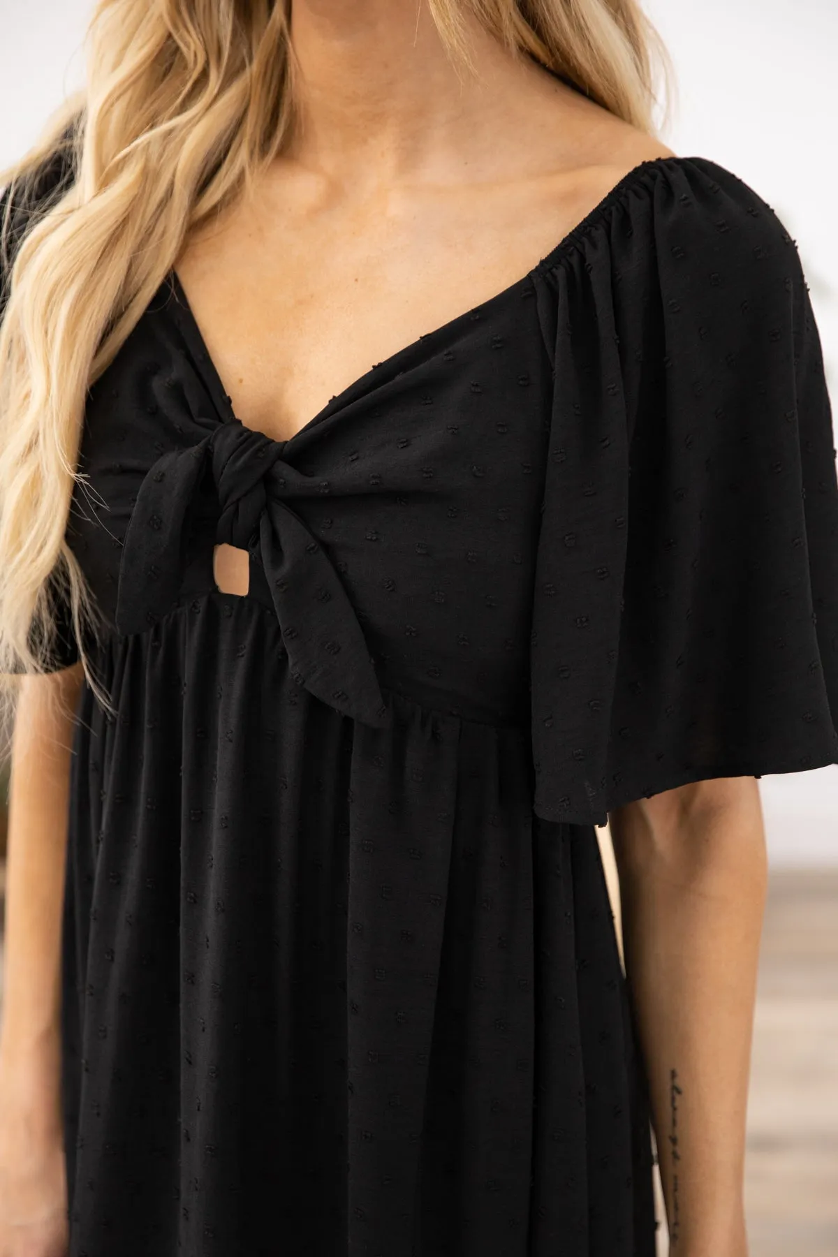 Black Flutter Sleeve Dress with Tie Detail