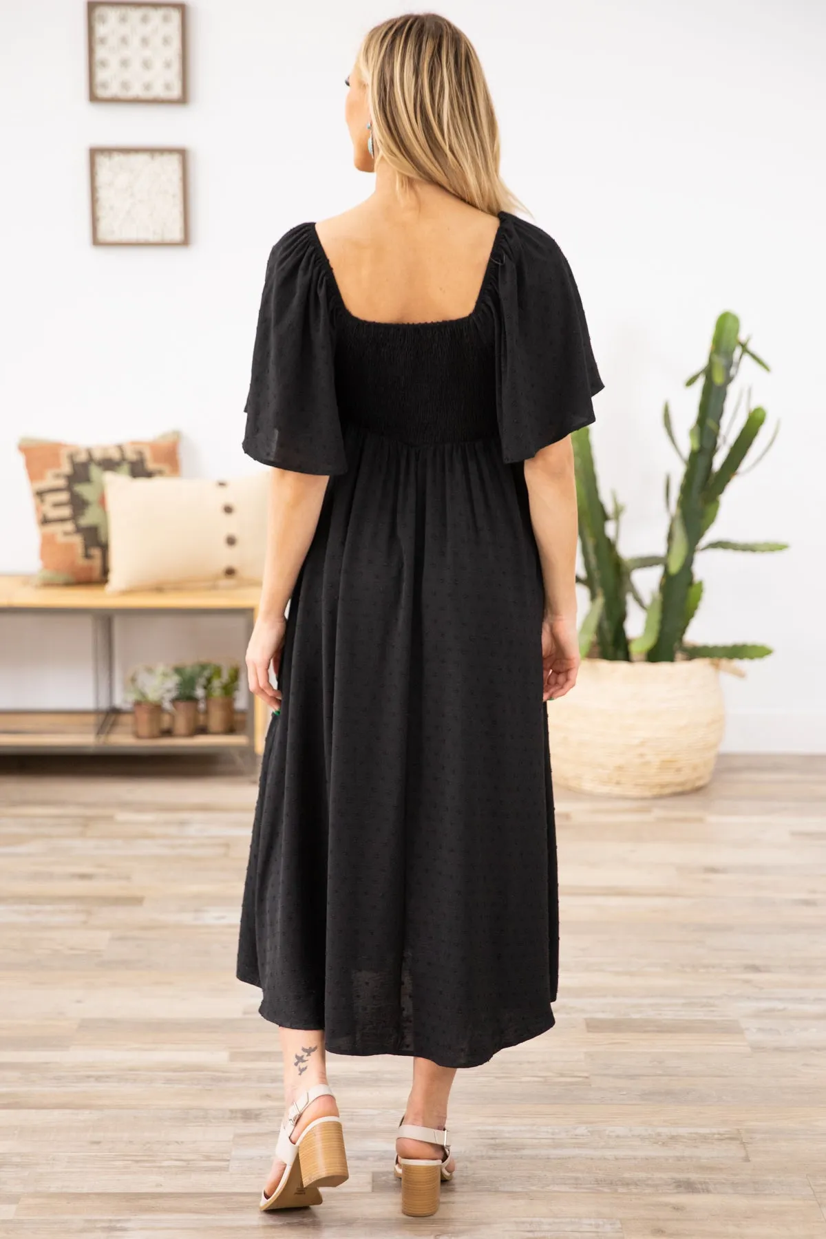 Black Flutter Sleeve Dress with Tie Detail