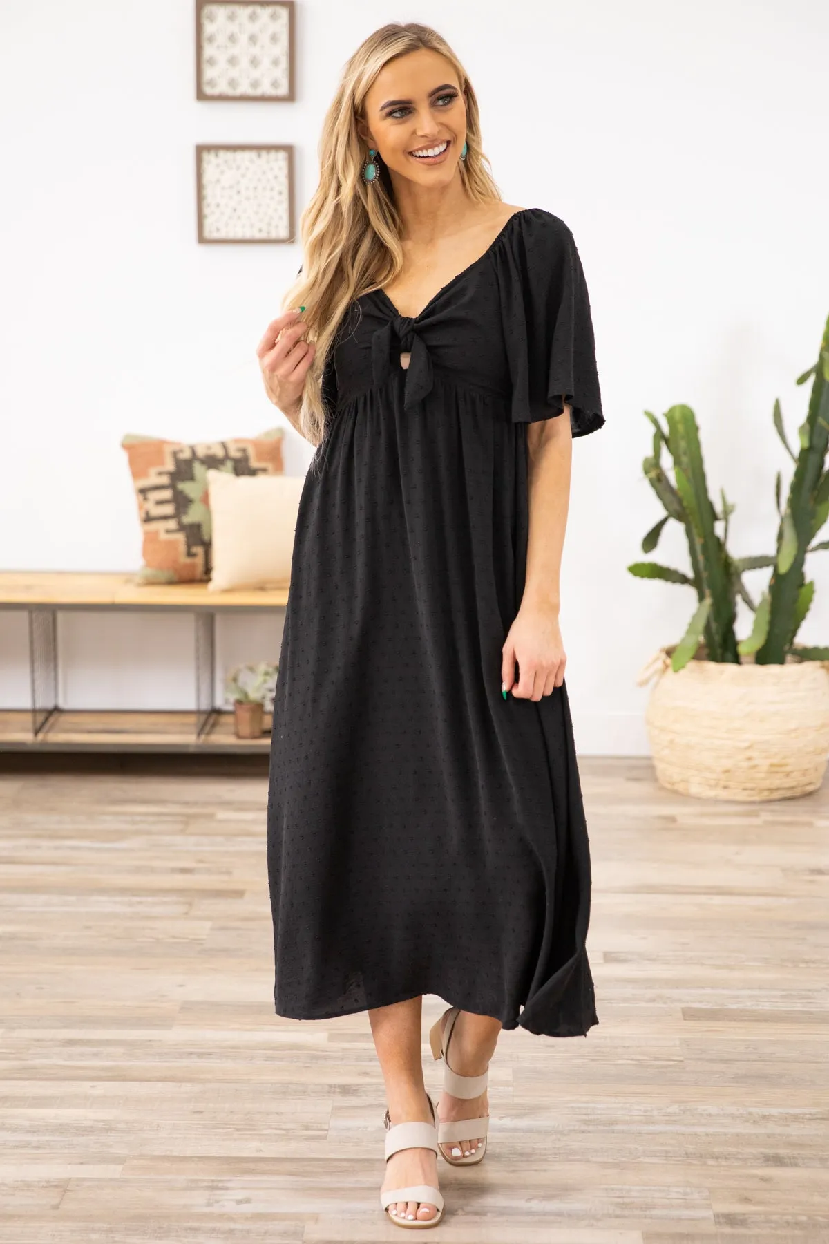 Black Flutter Sleeve Dress with Tie Detail