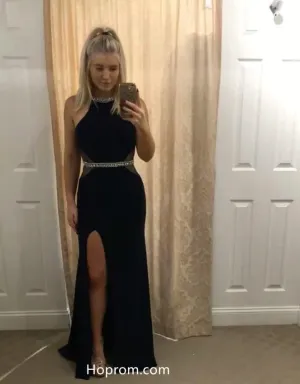 Black Halter Slit Cutout Prom Dresses Evening Dresses