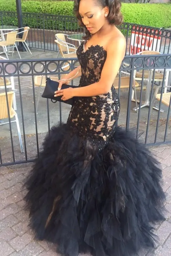 Black Lace African Prom Dress Styles Mermaid Ruffled Skirt