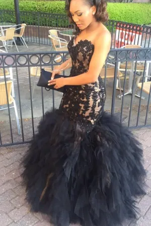 Black Lace African Prom Dress Styles Mermaid Ruffled Skirt
