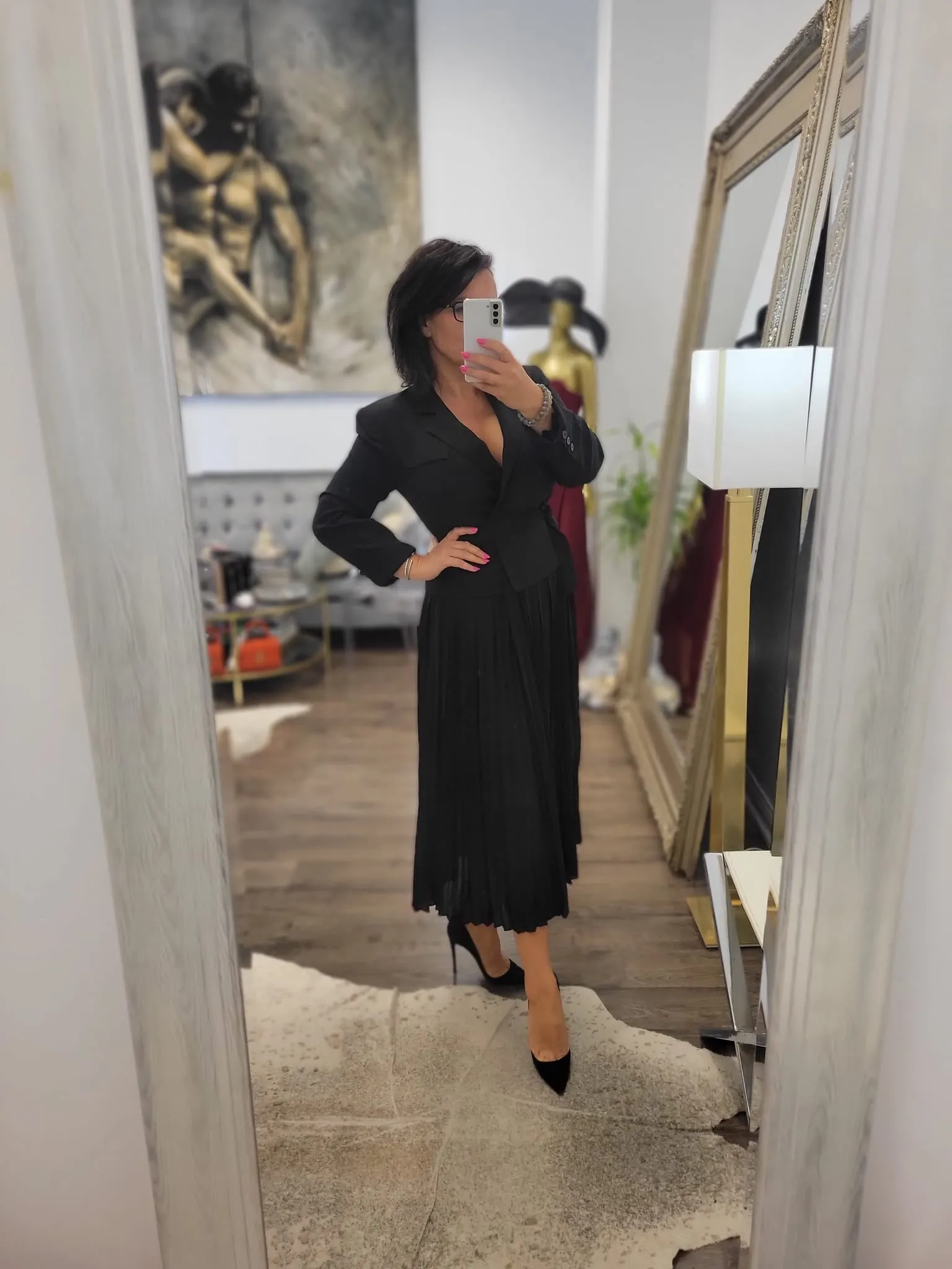 BLACK MIDI DRESS WITH PLEATED SKIRT AND JACKET TOP