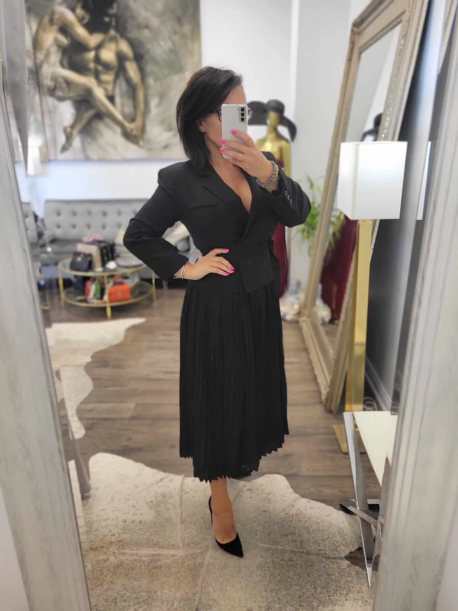 BLACK MIDI DRESS WITH PLEATED SKIRT AND JACKET TOP