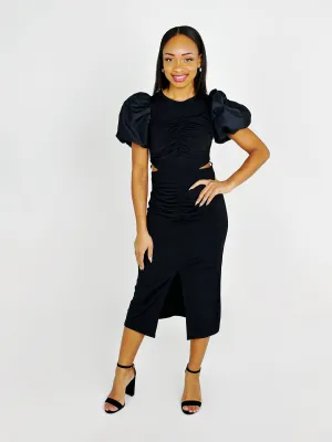 Black Puff Sleeve Ruched Midi Dress