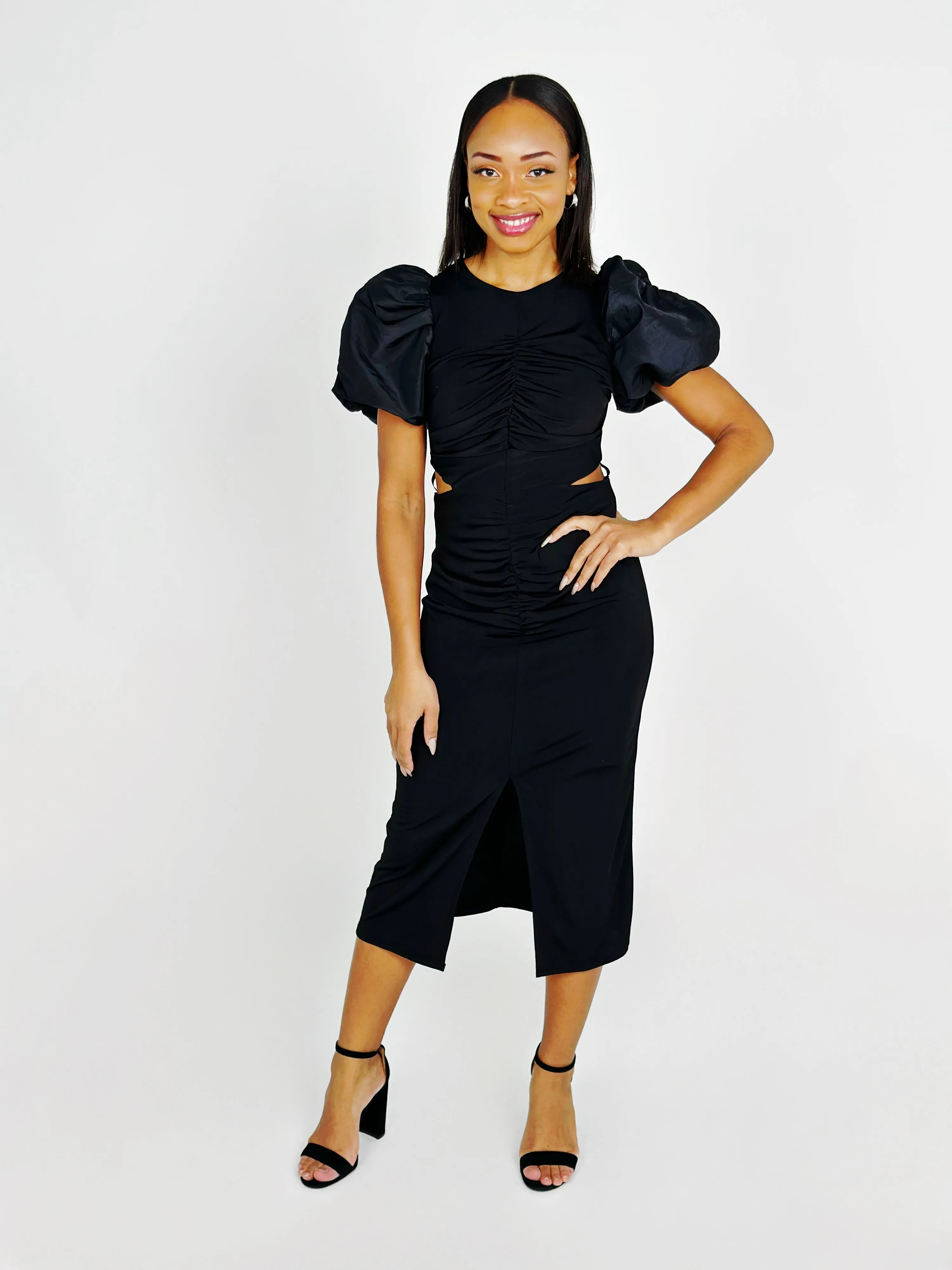 Black Puff Sleeve Ruched Midi Dress