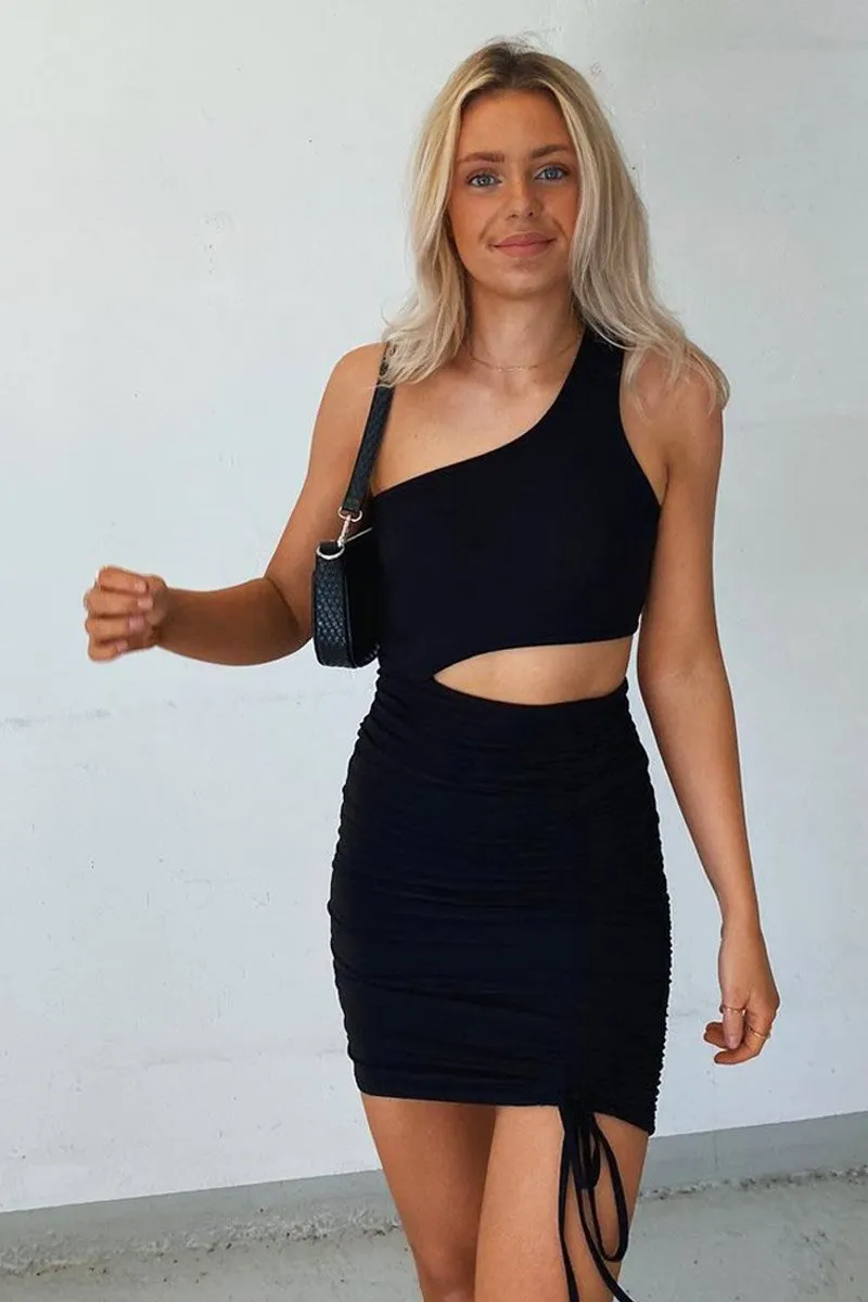 Black Slinky One Shoulder Cut Out Dress - Semira