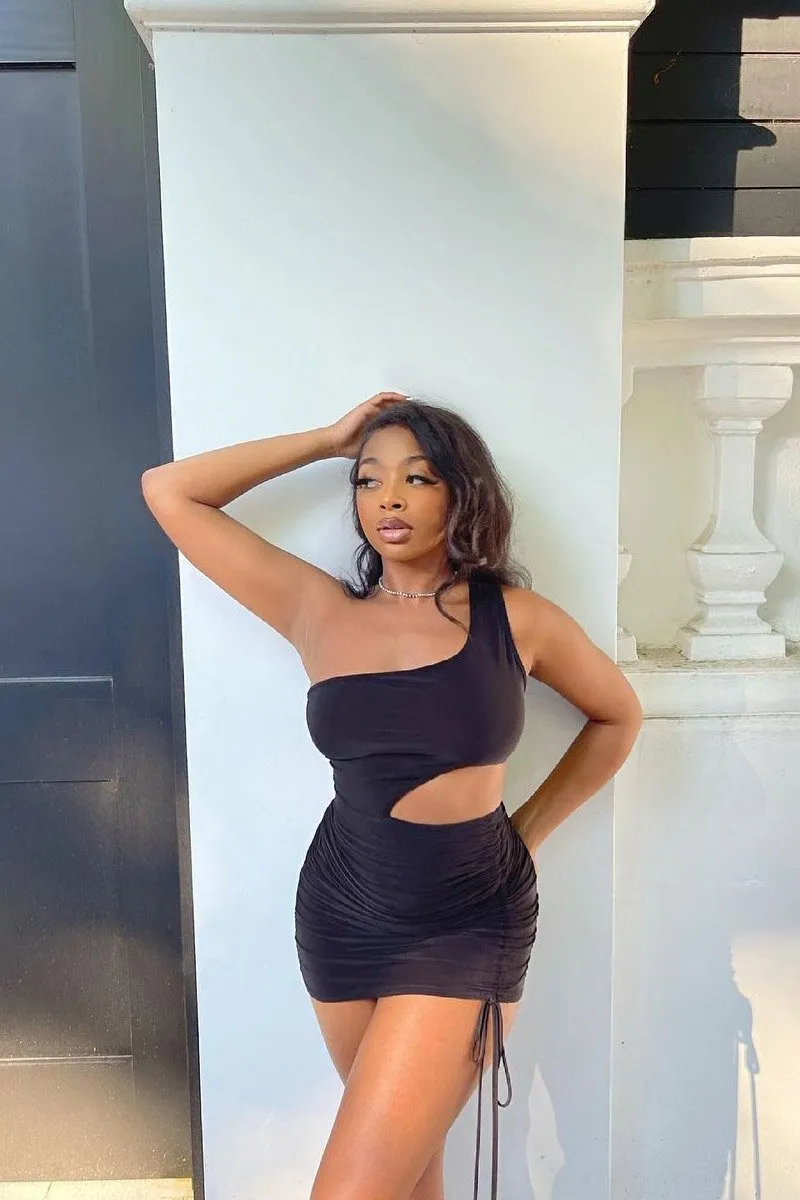 Black Slinky One Shoulder Cut Out Dress - Semira