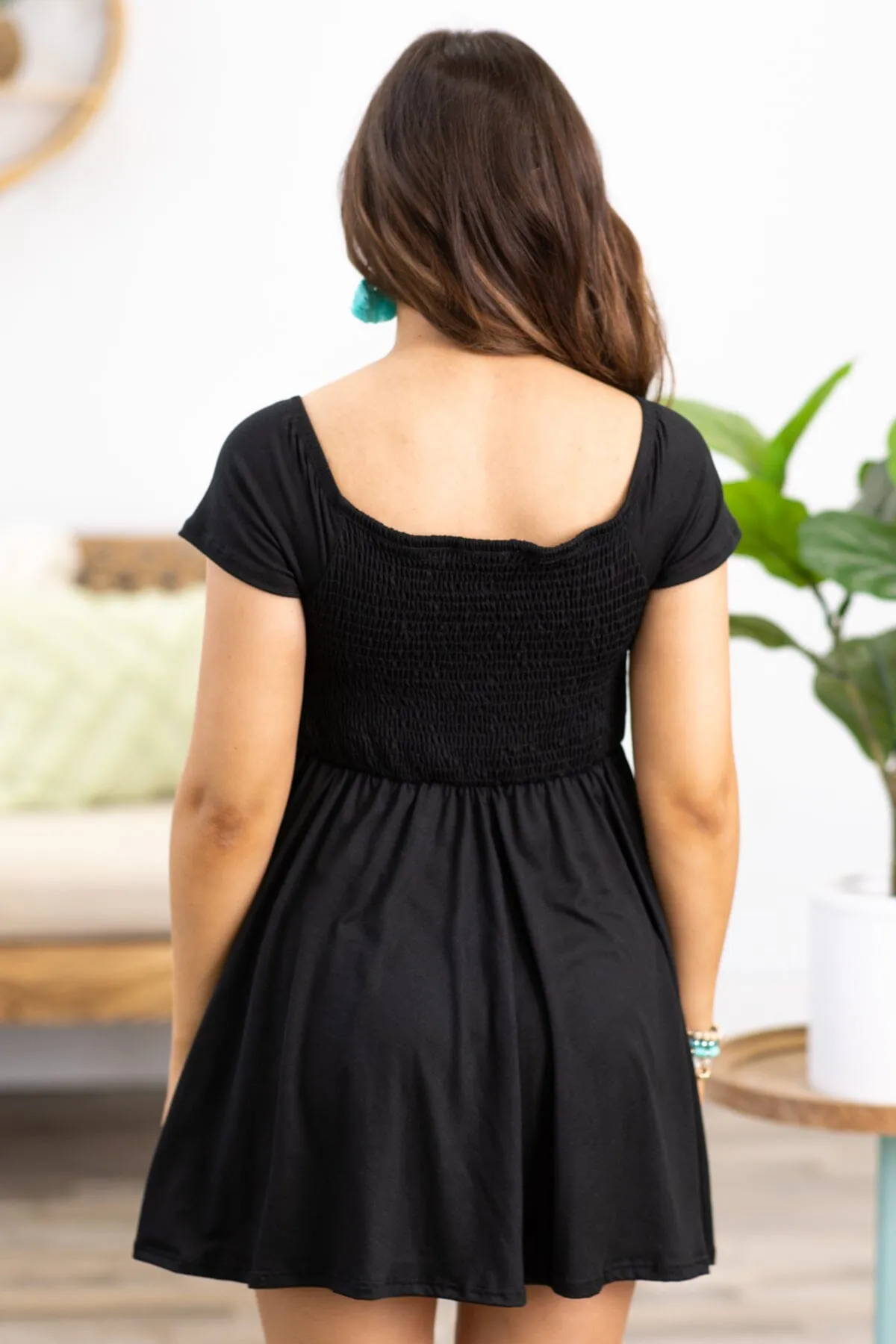 Black Smocked Bodice Built In Shorts Dress